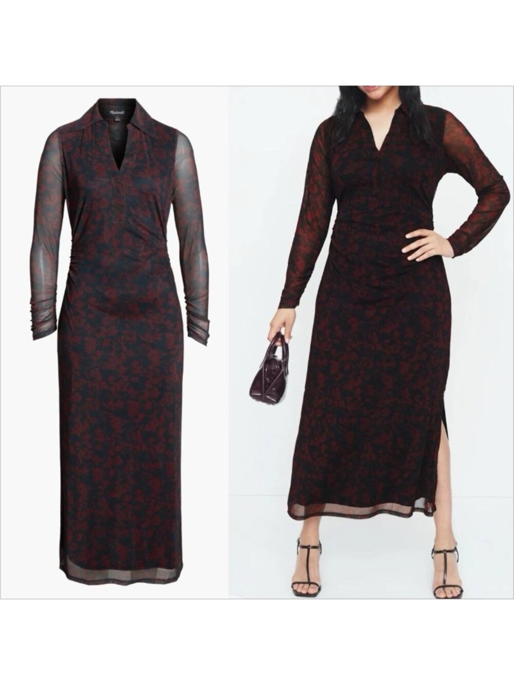 Madewell Chandra Polo Maxi Dress Floral Mesh Ruched Long Sleeve Dark Navy XS NWT